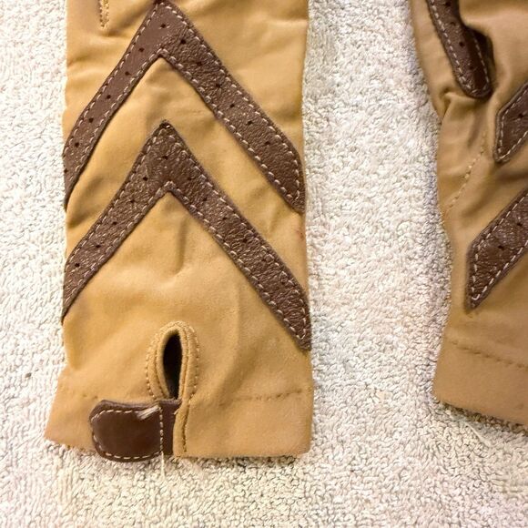 Vintage Isotoner ARIS Women Gloves Tan Leather Trimmings One Size Nylon Driving - Picture 7 of 9